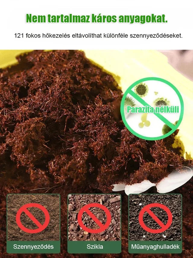 Tíz év műtrágyamentes kókuszrost talaj. Egy tégla = 10 év termékenység! Kókuszkorpa + lassan felszívódó tápanyagszemcsék, virágok és zöldségek termesztése műtrágya nélkül!